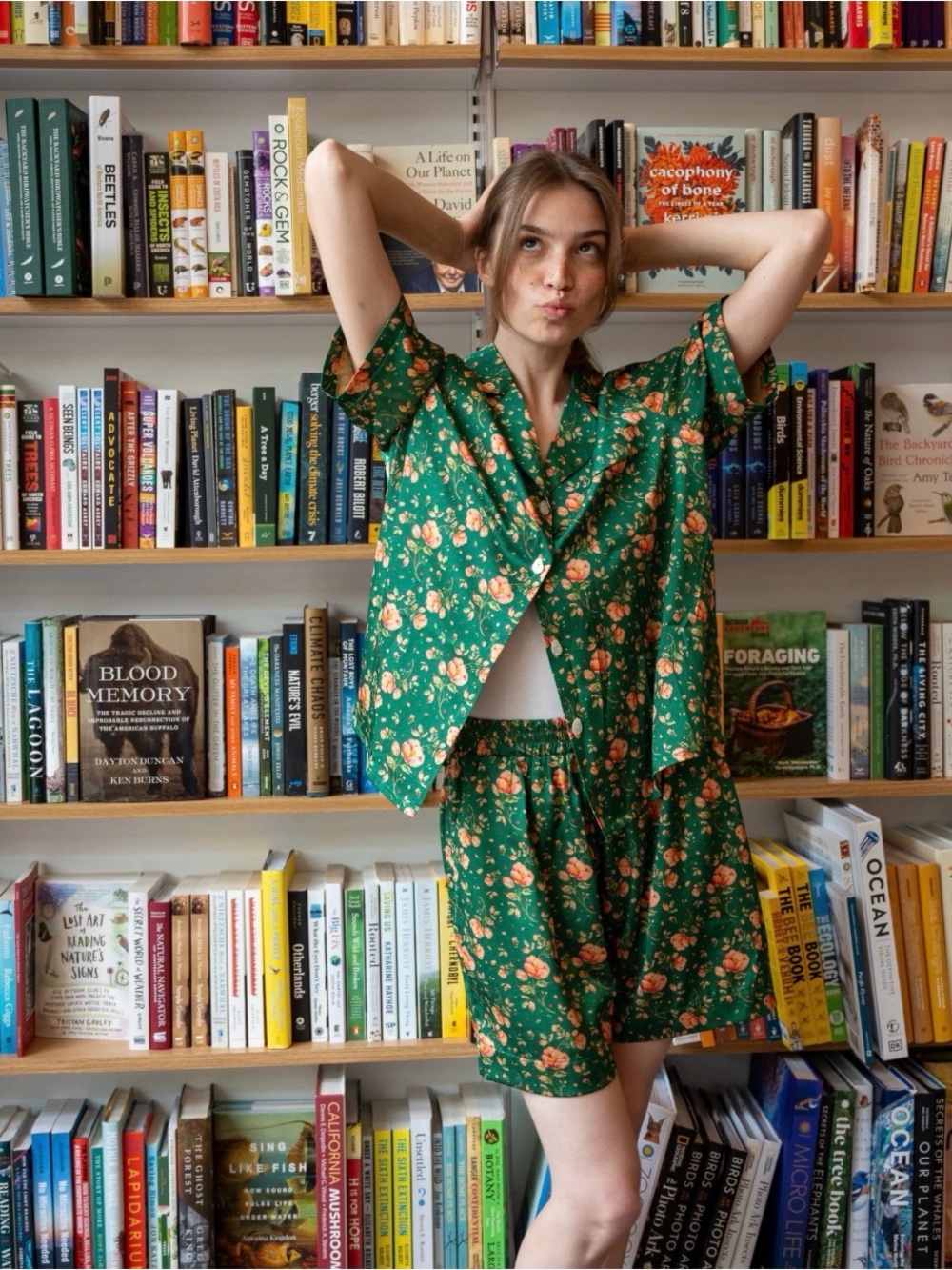 Silkin Green Alaia Floral Button-up Pajama Short Set